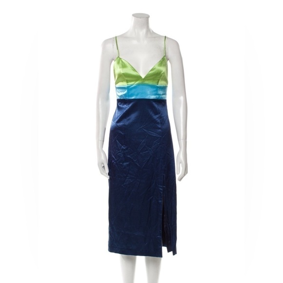STAUD Ellis Colorblock Satin Blue and Green Slip Dress Size US12 NWT - Picture 11 of 11